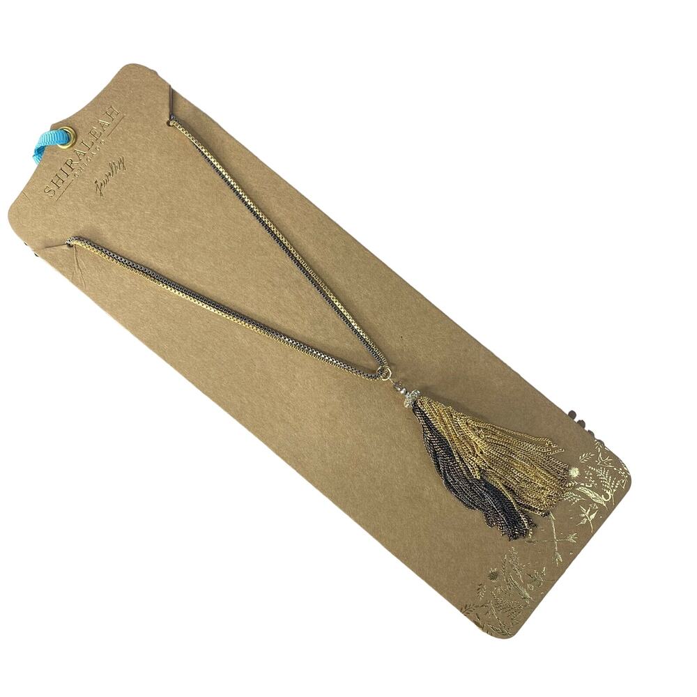 SHIRALEAH New Anthropologie Gold Black Sadie Necklace NIP Long Fringe